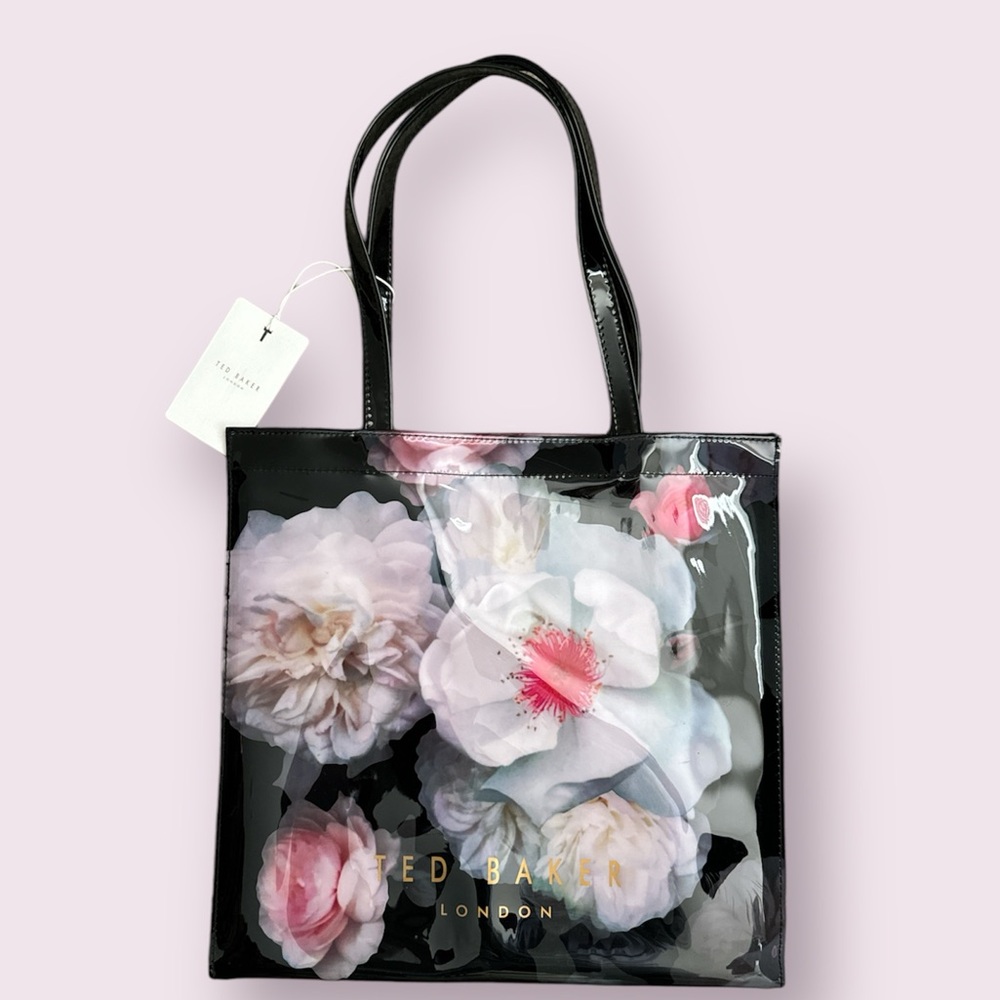 Ted Baker London Black Patent Floral Tote with Pink and White Blossoms